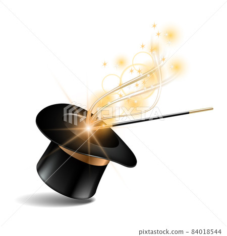 Magic hat and wand with magical gold sparkle trail 84018544