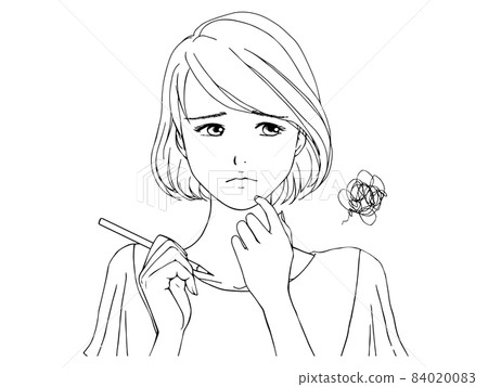 用鉛筆2（線描）的煩惱臉夏裝女 84020083