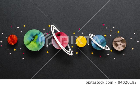 flat lay arrangement creative paper planets. High quality beautiful photo concept 84020182