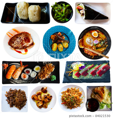 Collage of tasty Japanese dishes on white background 84021530