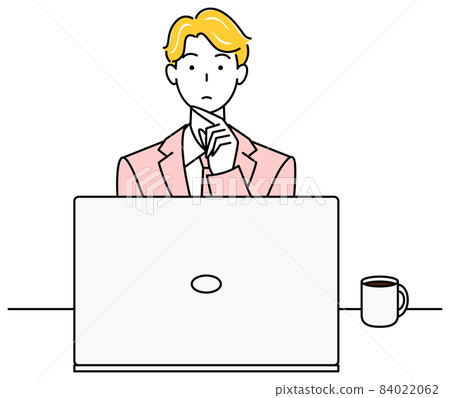 Cute male illustration vector in a suit thinking about sitting in front of a computer 84022062