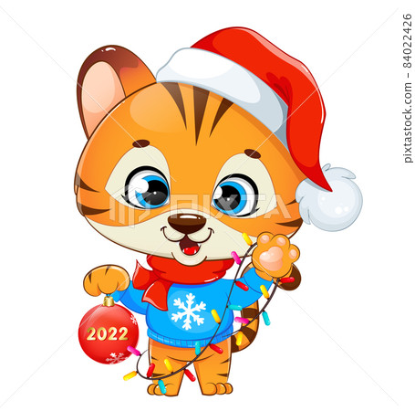 Merry Christmas. Cute tiger cub in Santa hat 84022426