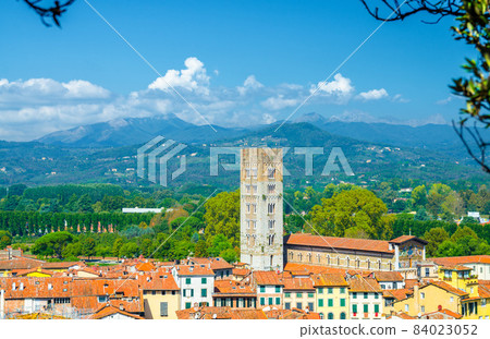 Aerial top panoramic view of historical centre medieval town Lucca 84023052