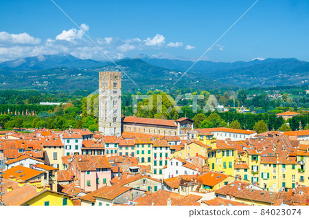 Aerial top panoramic view of historical centre medieval town Lucca 84023074