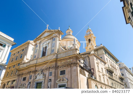 Facade and dome of Chiesa dei Santi Ambrogio e Andrea detta del Gesu catholic church on Piazza Giacomo Matteotti square 84023377