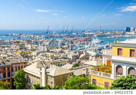 Top aerial scenic panoramic view from above of old historical centre quarter districts of european city Genoa Top aerial scenic panoramic view from above of old historical centre quarter districts of european city Genoa 84023378
