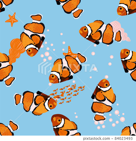Amphiprion, sea inhabitants seamless pattern, beautiful character among seashells, algae, starfish, marine wildlife. Orange bright sea dweller clown fish surrounded 84023493