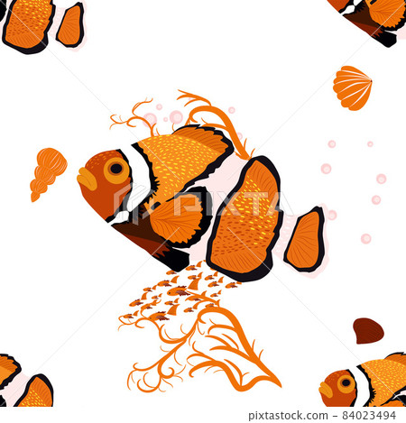 Amphiprion, sea inhabitants seamless pattern, beautiful character among seashells, algae, starfish, marine wildlife. Orange bright sea dweller clown fish surrounded 84023494