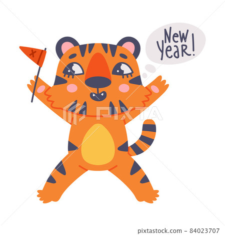 Funny Tiger Cub with Orange Fur and Stripes with Flag Celebrating New Year Holiday Vector Illustration 84023707