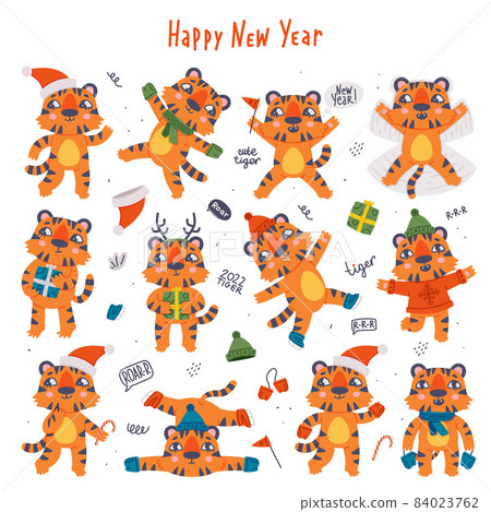 Cute Little Striped Tiger Cub with Orange Fur Celebrating New Year Holiday Vector Set Cute Little Striped Tiger Cub with Orange Fur Celebrating New Year Holiday Vector Set 84023762