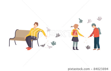 People Character Feeding Birds with Crumbs Walking in the Park Vector Set 84023894