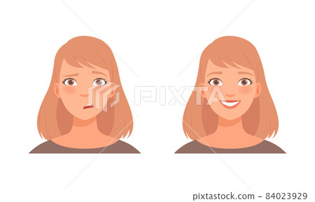 Woman Head with Short Hairstyle Smiling and Embarrased Facial Expression Vector Set 84023929