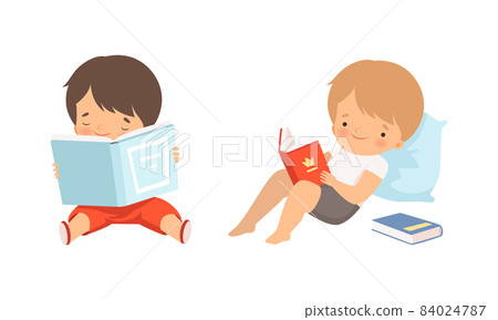 Little Boy Enjoying Reading Book Sitting on Floor Vector Set 84024787