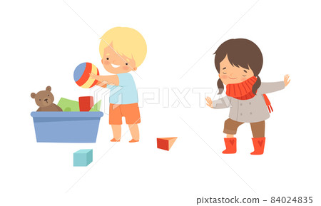 Adorable Kids Collecting Toys in Box and Putting on Boots Vector Set Adorable Kids Collecting Toys in Box and Putting on Boots Vector Set 84024835