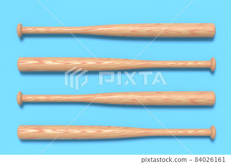 Set of wooden professional softball or baseball bat on blue background. 3d rendering of sport accessories for team playing games 84026161