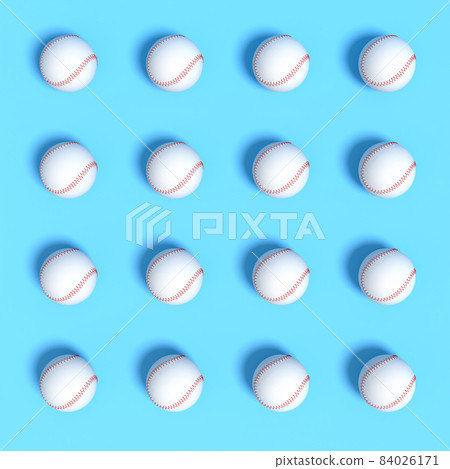Set of softball or baseball ball lying in row on blue background. 3d render of sport accessories for team playing games 84026171