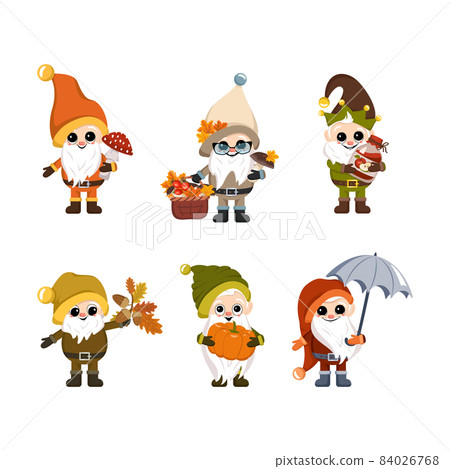 Set of little gnomes with long white beard, cheerful face with autumn items. Character for fall Harvest Festival, Thanksgiving, Home and garden decoration Set of little gnomes with long white beard, cheerful face with autumn items. Character for fall Harvest Festival, Thanksgiving, Home and garden decoration 84026768