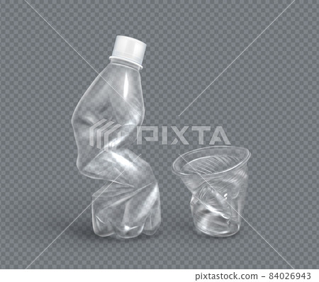 Crumpled plastic cup and bottle for water, vector 84026943