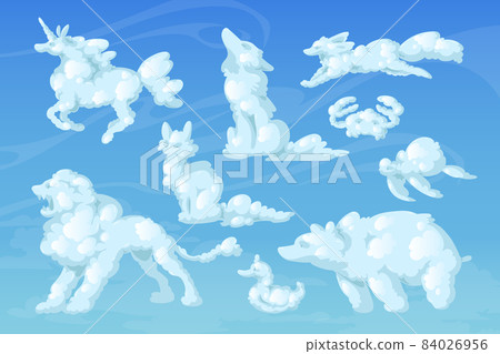 Cloud animals, cartoon fluffy eddies in blue sky 84026956