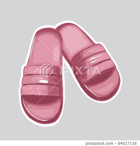 Vector sticker with a white rim featuring pink beach slippers on a gray background Vector sticker with a white rim featuring pink beach slippers on a gray background 84027138