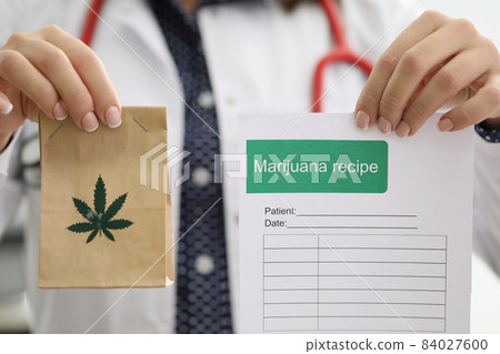 Female doctor holding marijuana recipe in one hand and package with hemp in another 84027600
