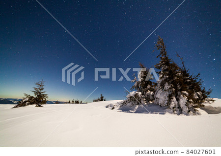 Magical winter landscape with snow covered tree. Vibrant night sky with stars and nebula and galaxy. Deep sky astrophoto. Magical winter landscape with snow covered tree. Vibrant night sky with stars and nebula and galaxy. Deep sky astrophoto. 84027601