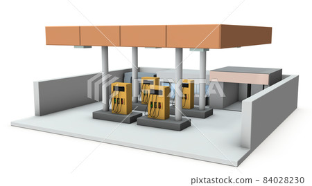 A miniature model of a gas station. The appearance of the refueling facility surrounded by a fire wall. White background. 3D rendering. 84028230