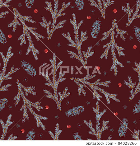 Christmas seamless pattern. Pine twigs, red berries, snowflakes. Season greeting digital paper. Winter Xmas holidays 84028260