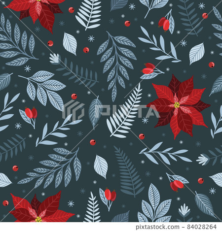 Christmas seamless pattern. Pine twigs, red berries, snowflakes. Season greeting digital paper. Winter Xmas holidays Christmas seamless pattern. Pine twigs, red berries, snowflakes. Season greeting digital paper. Winter Xmas holidays 84028264