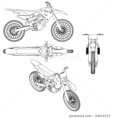 Set with contours of off-road cross motorcycle from black lines isolated on white background. Side, front, top, isometric view. Vector illustration Set with contours of off-road cross motorcycle from black lines isolated on white background. Side, front, top, isometric view. Vector illustration 84028333