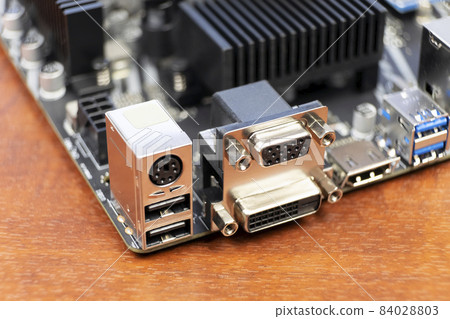 Computer motherboard. Close-up of external connectors. Horizontal photo 84028803