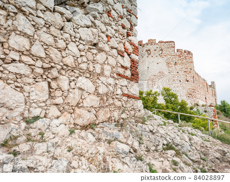 Devicky or Divci Hrady castle. Ruin of limestone gothic castle in South Moravia, Palava Czech republic 84028897