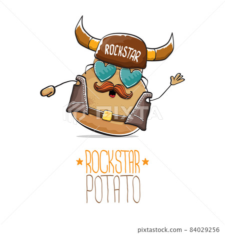 vector rock star potato funny cartoon cute character with viking helmet, leather jacket, sunglasses and moustache isolated on white background. rock n roll hipster vegetable funky character vector rock star potato funny cartoon cute character with viking helmet, leather jacket, sunglasses and moustache isolated on white background. rock n roll hipster vegetable funky character 84029256