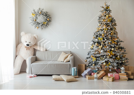 Christmas tree with gifts lights garlands teddy bear 84030881
