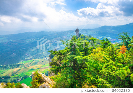 Republic San Marino Terza Torre Montale third fortress tower with brick walls on Monte Titano stone rock Republic San Marino Terza Torre Montale third fortress tower with brick walls on Monte Titano stone rock 84032380
