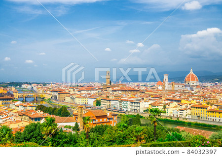 Top aerial panoramic view of Florence city with Duomo Santa Maria del Fiore cathedral Top aerial panoramic view of Florence city with Duomo Santa Maria del Fiore cathedral 84032397