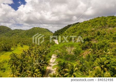 Landscape of green palm trees with road on Siargao Island, Philippines. 84032498