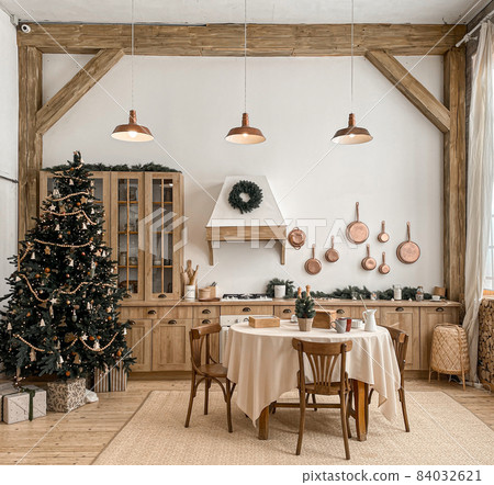 Festive christmas modern kitchen with big tree Festive christmas modern kitchen with big tree 84032621