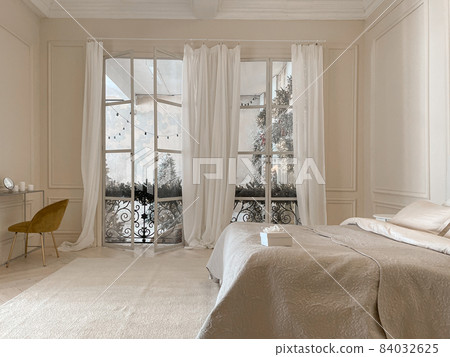 Christmas hotel room with open windows facing street 84032625