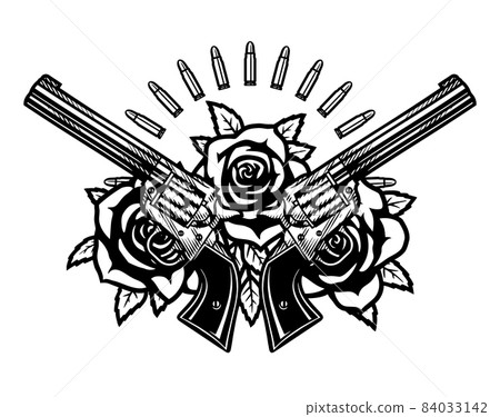 Two crossed pistols and roses. Vector illustration. Two crossed pistols and roses. Vector illustration. 84033142