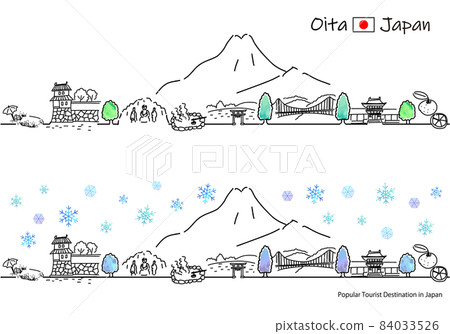 冬季大分縣觀光景點街景簡易線描圖 冬季大分縣觀光景點街景簡易線描圖 84033526