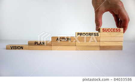 Business concept growth success process. Male hand. Wood blocks stacking as step stair on white background, copy space. Words 'vision, plan, action, progress, success'. Concept of idea and innovation. Business concept growth success process. Male hand. Wood blocks stacking as step stair on white background, copy space. Words 'vision, plan, action, progress, success'. Concept of idea and innovation. 84033586