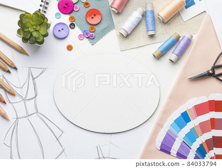 flat lay tailoring set with fabric samples thread. High quality beautiful photo concept flat lay tailoring set with fabric samples thread. High quality beautiful photo concept 84033794
