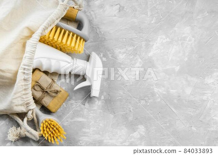 flat lay eco friendly cleaning products with brushes copy space. High quality beautiful photo concept flat lay eco friendly cleaning products with brushes copy space. High quality beautiful photo concept 84033893