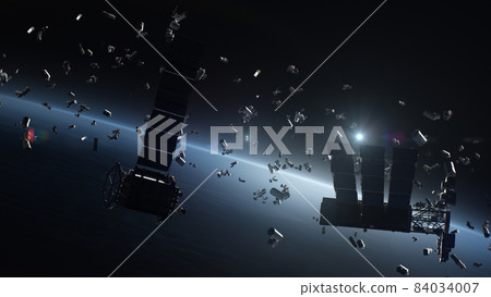 3D Render of space debris around planet Earth 84034007