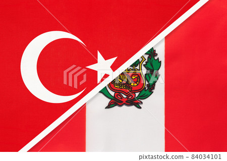 Turkey and Peru, symbol of country. Turkish vs Peruvian national flag Turkey and Peru, symbol of country. Turkish vs Peruvian national flag 84034101