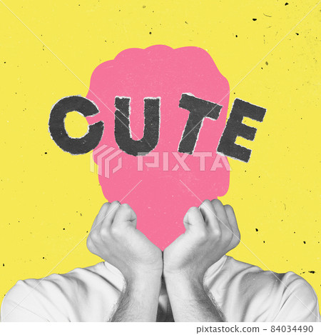 Contemporary artwork. Conceptual portrait of faceless man with word cute instead face. Human emotions, psychology, mental health concept. 84034490