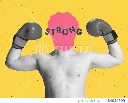 Contemporary artwork. Conceptual portrait of faceless man with word strong instead face. Human emotions, psychology, mental health concept. Contemporary artwork. Conceptual portrait of faceless man with word strong instead face. Human emotions, psychology, mental health concept. 84034509