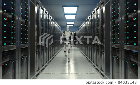 3D Render of robot walking in data center 3D Render of robot walking in data center 84035148