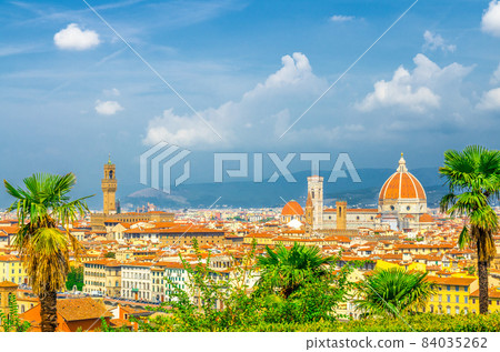 Top aerial panoramic view of Florence city with Duomo Cattedrale di Santa Maria del Fiore cathedral Top aerial panoramic view of Florence city with Duomo Cattedrale di Santa Maria del Fiore cathedral 84035262